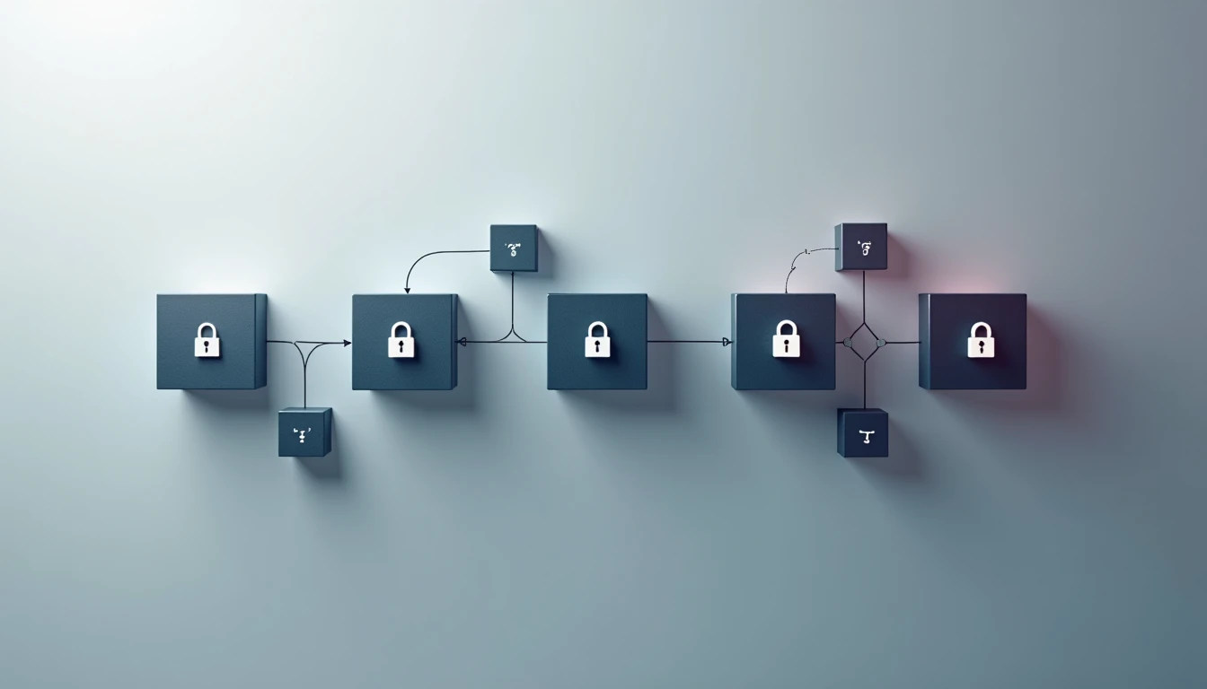Textfreies Schema mit verbundenen Blockchain-Blöcken und Sicherheitssymbolen