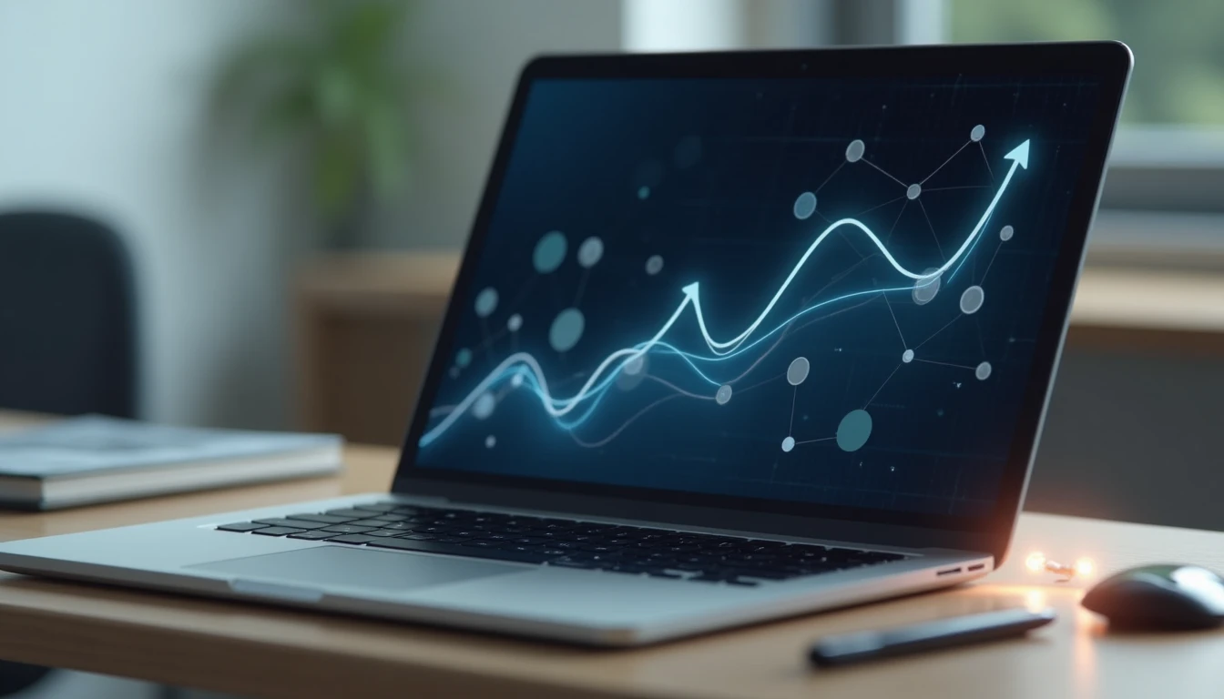 Abstraktes KI-Tool mit Symbolen für Aktien, Forex und Krypto