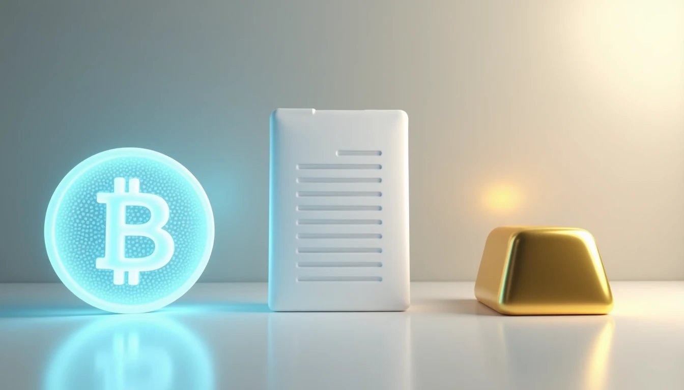 Digitale Münze, Wertpapier-Symbol und Goldbarren als Anlagevergleich
